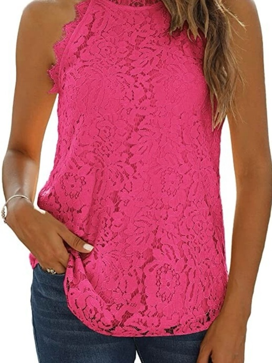 Halife Tops - Floral Lace Halter Camisole - Hot Pink